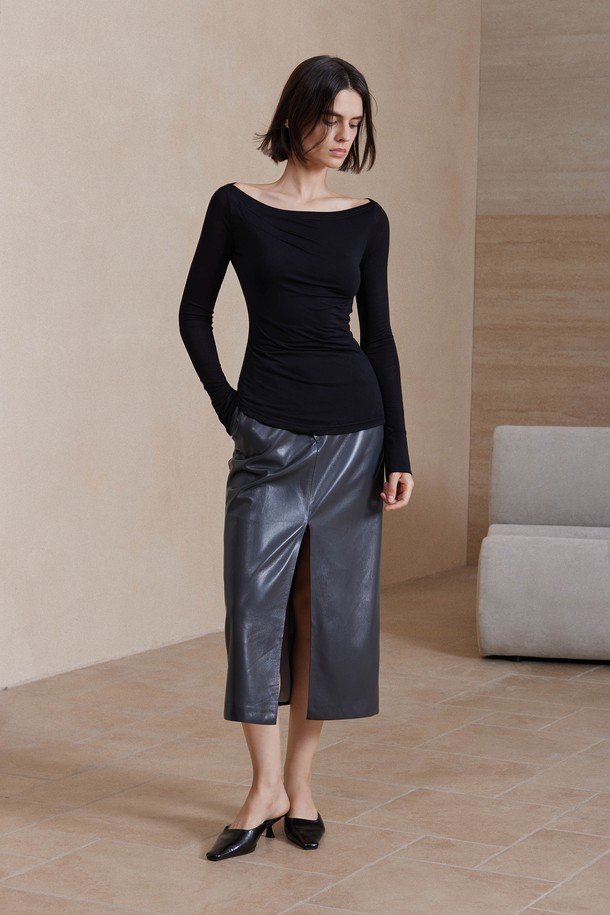 YYIAM - 롱스커트 - YY_Leather charcoal slit skirt