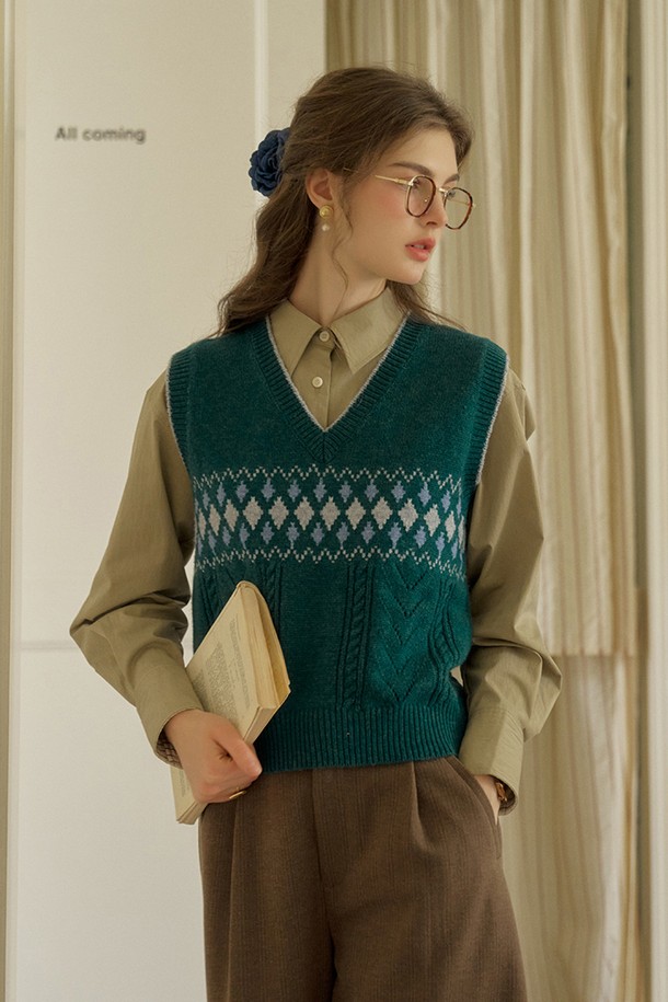 Simple Retro - 베스트 - SR_V-neck green wool knit vest