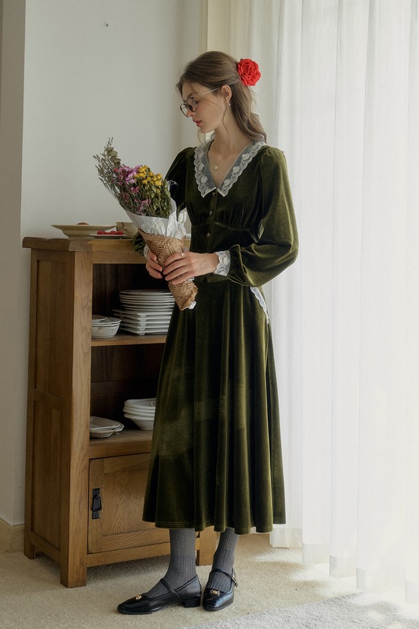 Simple Retro - 롱스커트 - SR_Vintage velvet green long skirt