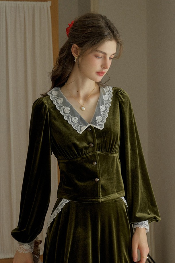 Simple Retro - 블라우스 - SR_Vintage velvet lace green blouse