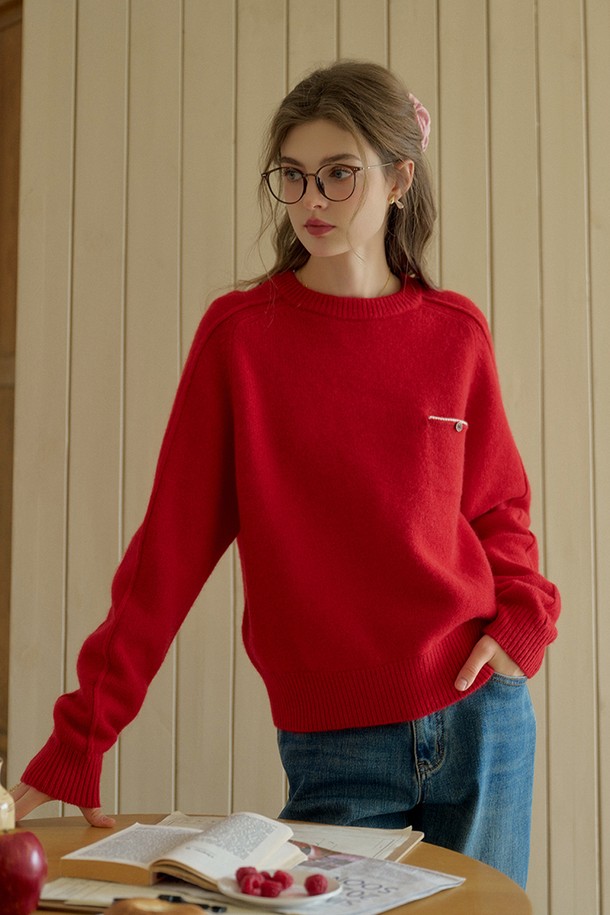 Simple Retro - 스웨터 - SR_Pocket round neck sweater_RED