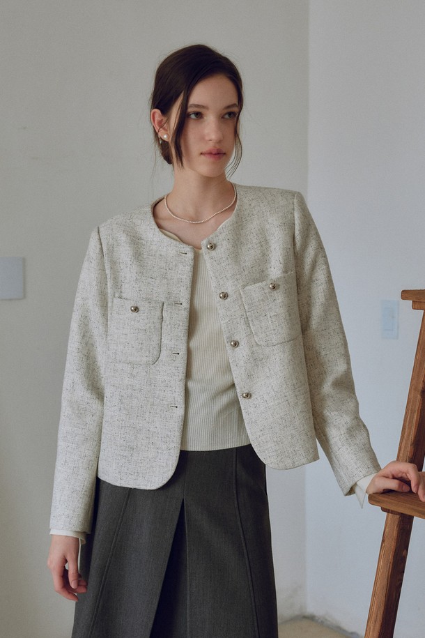 itte - 자켓 - IT_Light gray slim-fit crop jacket