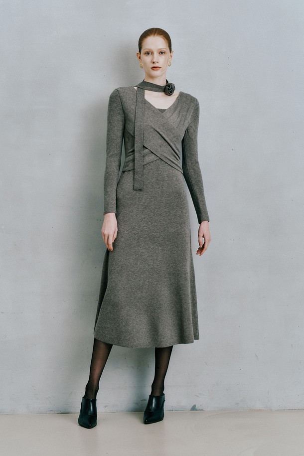 itte - 긴소매 원피스 - IT_V-neck cross scarf knit dress