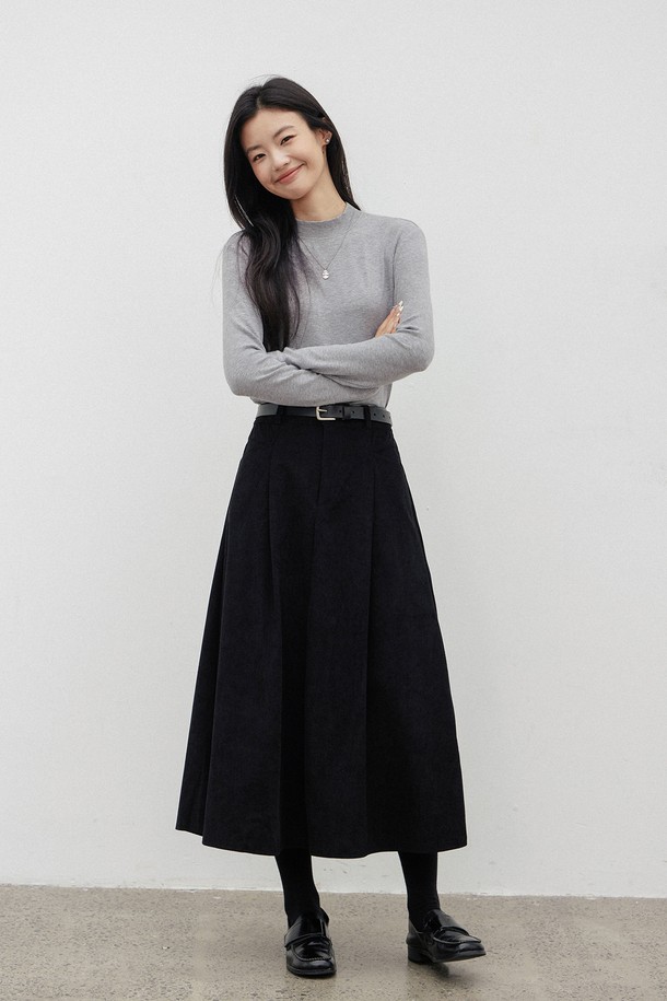 LANGSON - 롱스커트 - LS_Corduroy simple black skirt