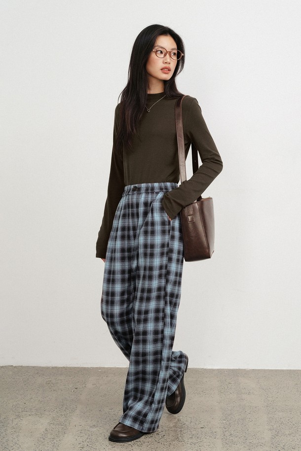 LANGSON - 롱/미디팬츠 - LS_Casual blue check banding pants