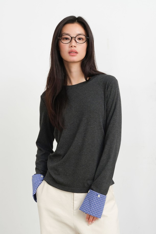 LANGSON - 긴소매 티셔츠 - LS_Patchwork sleeve casual top