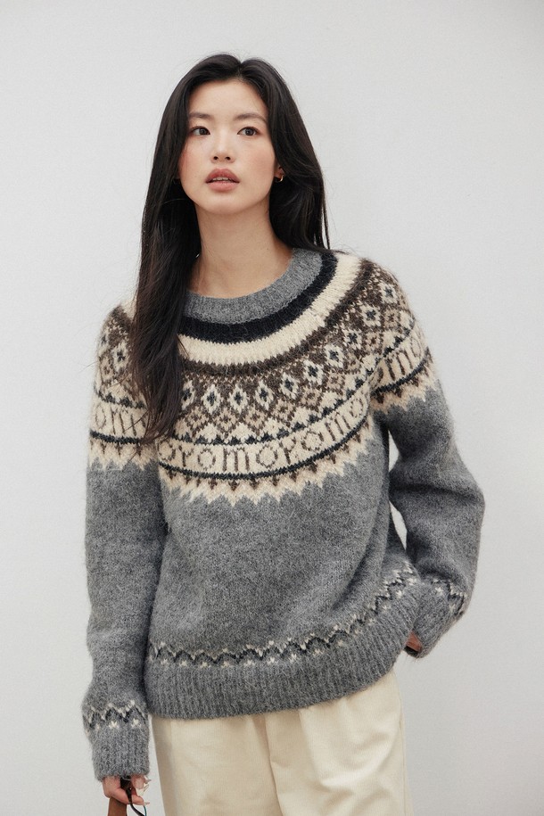 LANGSON - 스웨터 - LS_Fair Isle crew neck knit sweater