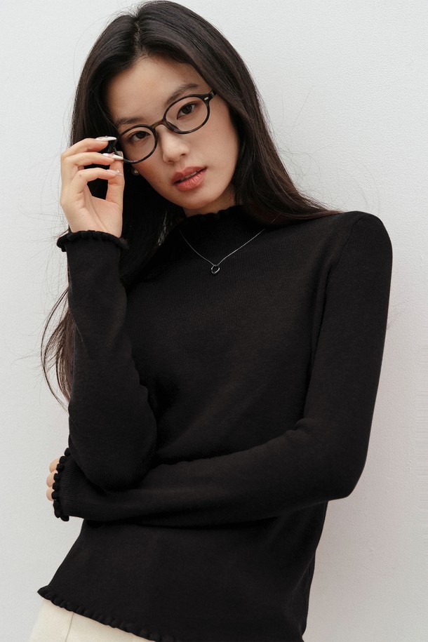 LANGSON - 스웨터 - LS_Ruffle neck slim knit top_3color