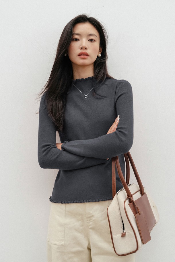 LANGSON - 스웨터 - LS_Ruffle neck slim knit top_3color