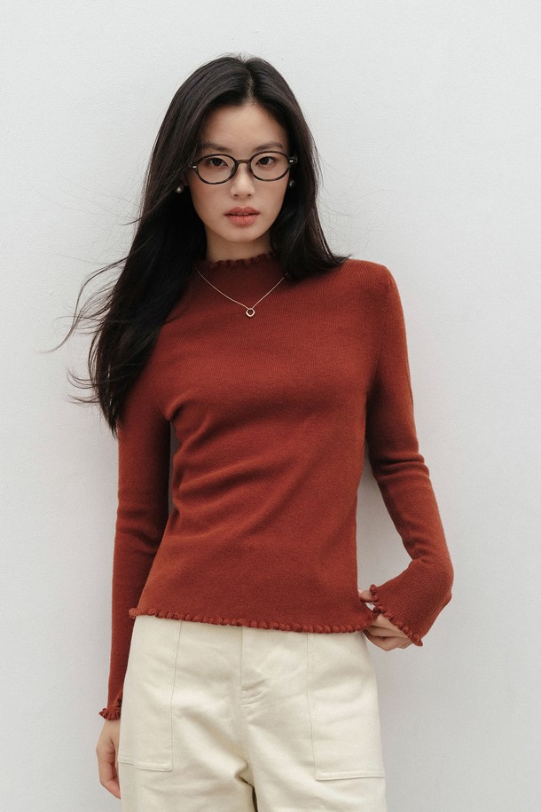 LANGSON - 스웨터 - LS_Ruffle neck slim knit top_3color