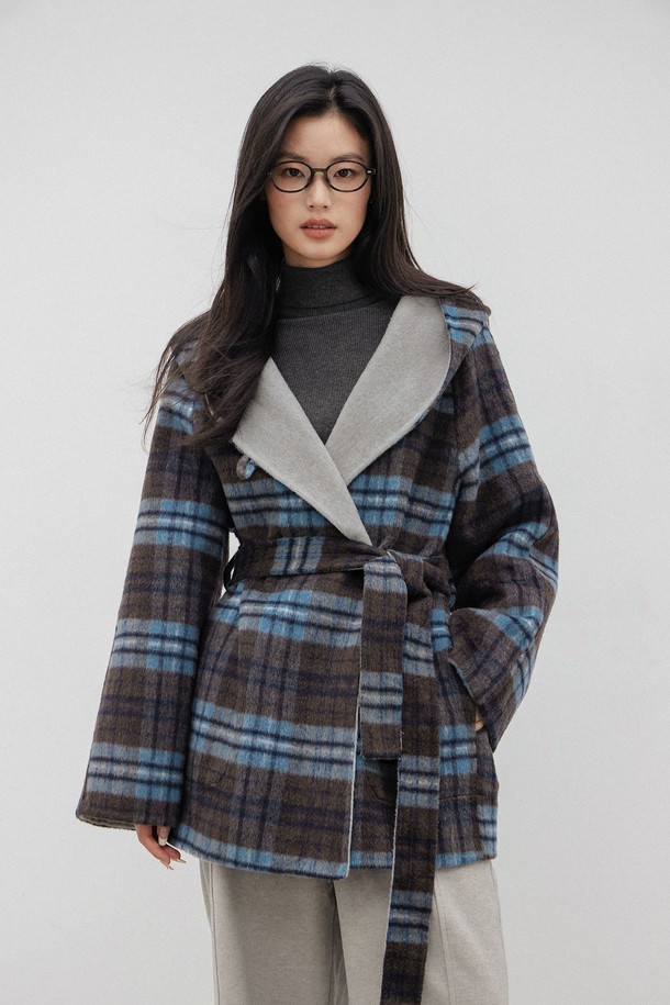 LANGSON - 코트 - LS_Loose hooded wool check coat