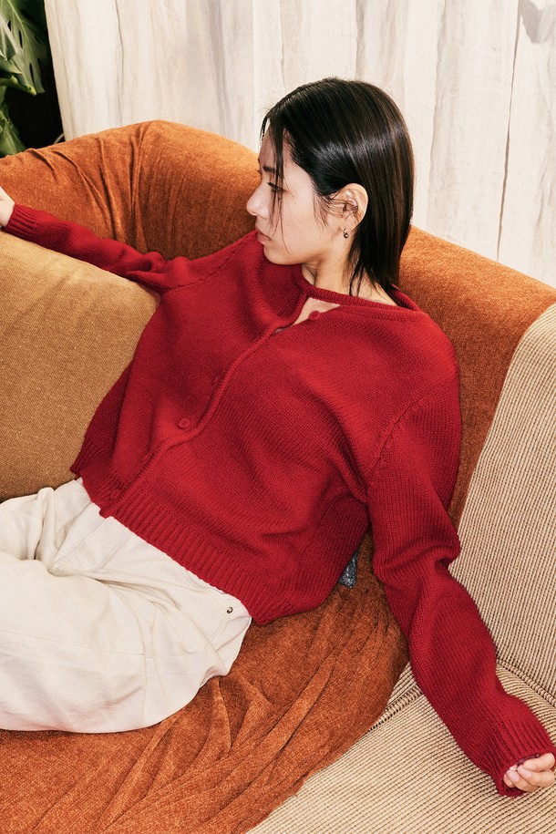 Aei&Rei - 가디건 - AR_Slit neck knit cardigan_4color