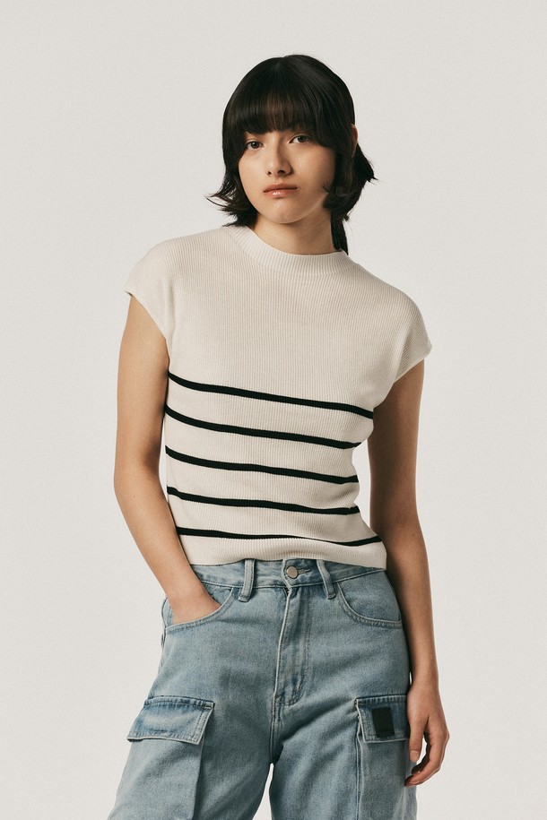 Aei&Rei - 반소매 티셔츠 - AR_Half neck striped knit top_2color