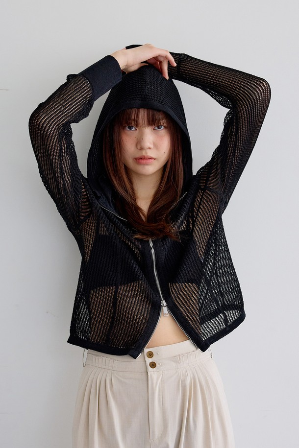 Aei&Rei - 자켓 - AR_See-through hooded jacket_BLACK