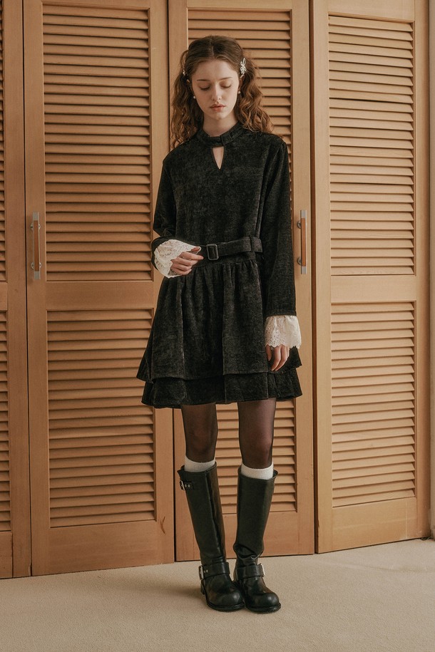 DUNDROP - 긴소매 원피스 - DD_Black velvet double lace sleeve dress