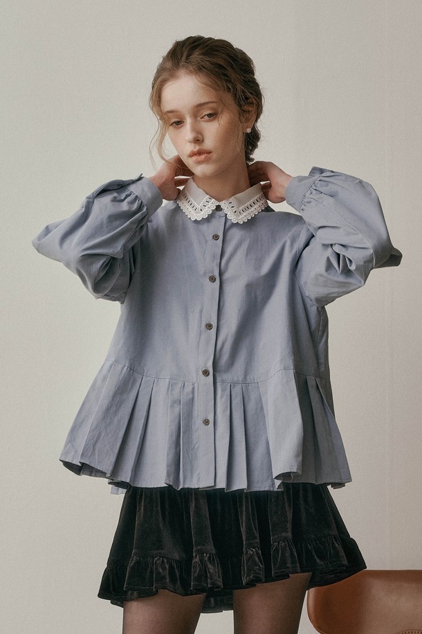 DUNDROP - 셔츠 - DD_Lace collar pleated shirt_2color