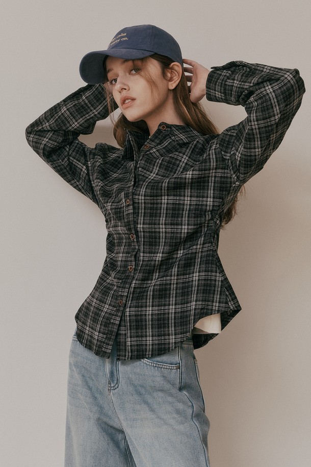 Aei&Rei - 셔츠 - AR_Plaid shirring waist shirt_BLACK