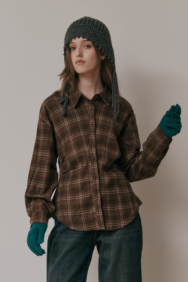 Aei&Rei - 셔츠 - AR_Plaid shirring waist shirt_BROWN