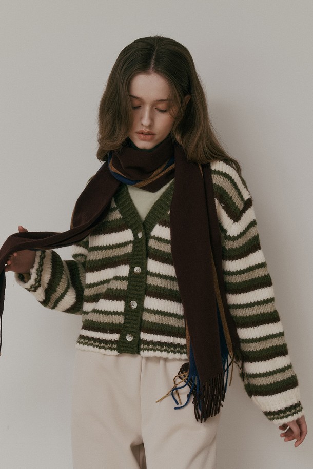 Aei&Rei - 가디건 - AR_Green striped knit cardigan