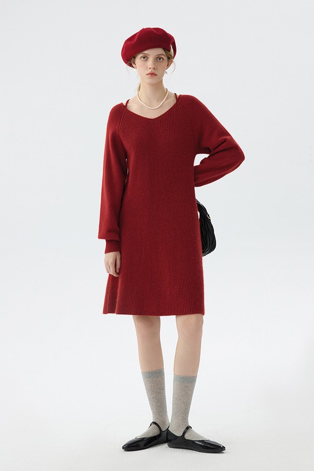 WE'DEE - 긴소매 원피스 - WD_V-neck knitted dress