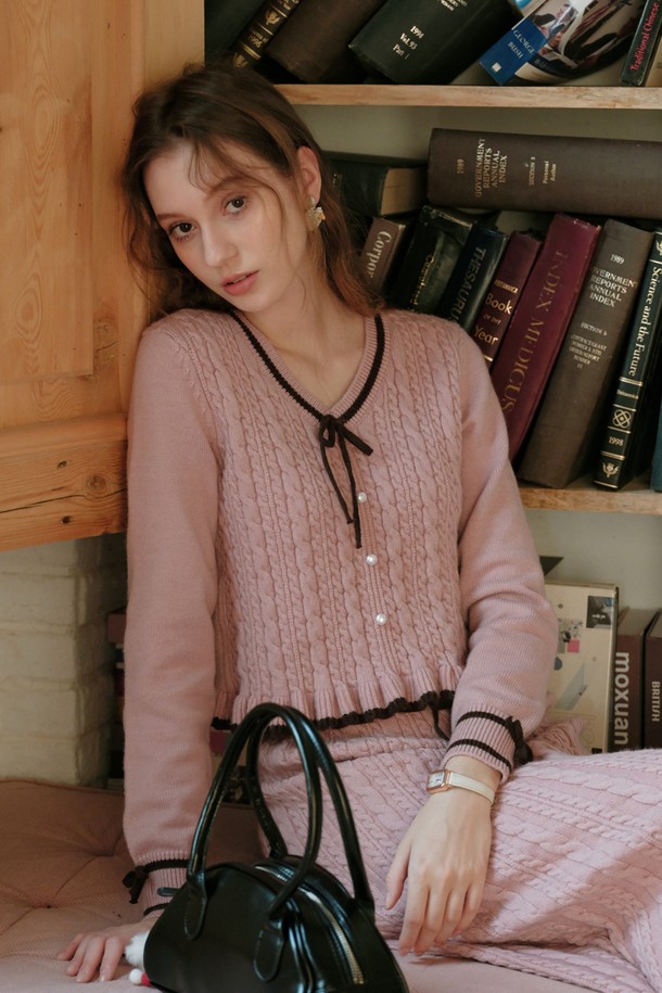 Cest Moidew - 긴소매 티셔츠 - Cest_Contrast color bow knit top