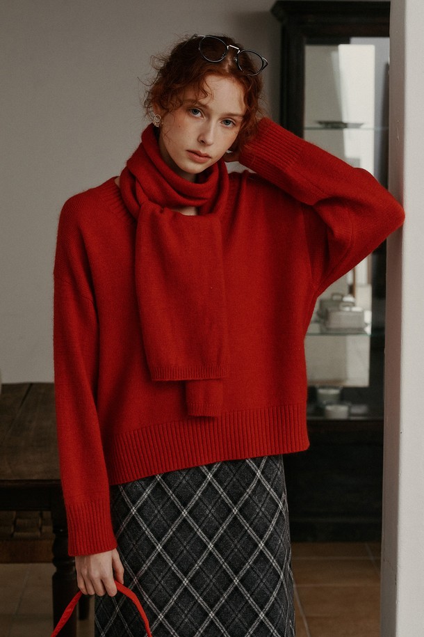 Proud Mary - 스웨터 - PM_Muffler v neck knit top_RED