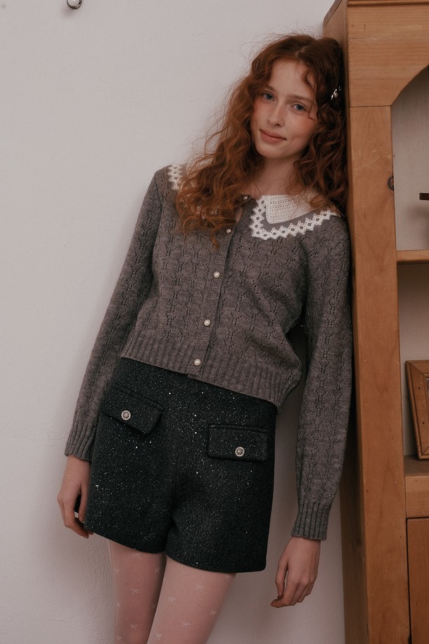 DUNDROP - 가디건 - DD_Lace cute knit cardigan_GRAY