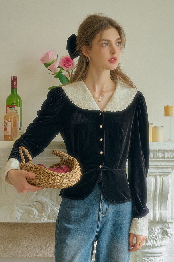 Simple Retro - 블라우스 - SR_Gentle lace patchwork velvet blouse