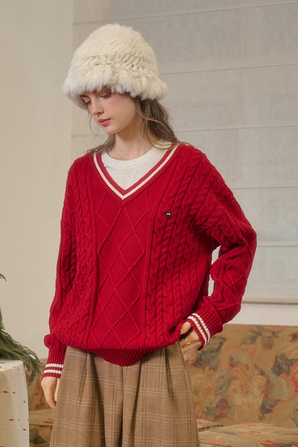 Simple Retro - 스웨터 - SR_V-neck cable red knit sweater