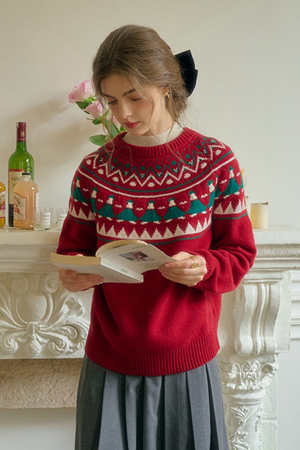 Simple Retro - 스웨터 - SR_Fair isle red knit sweater