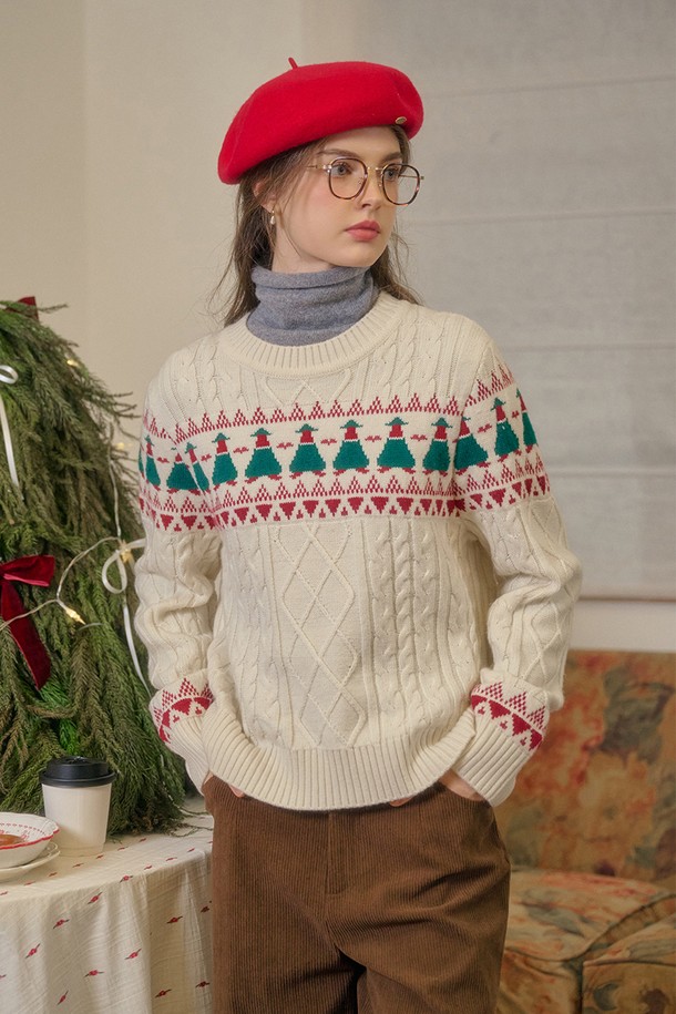 Simple Retro - 스웨터 - SR_Fair isle ivory cable knit sweater