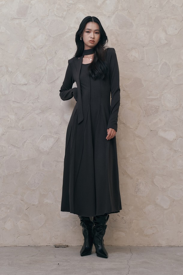 itte - 긴소매 원피스 - IT_Charcoal vertical stitching dress