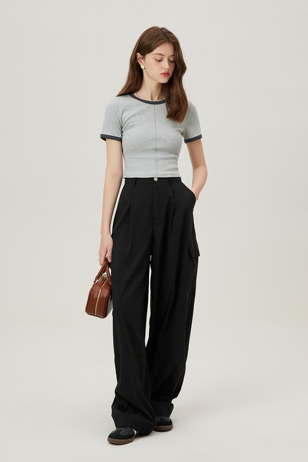 WE'DEE - 반소매 티셔츠 - WD_Contrast color slim cropped top