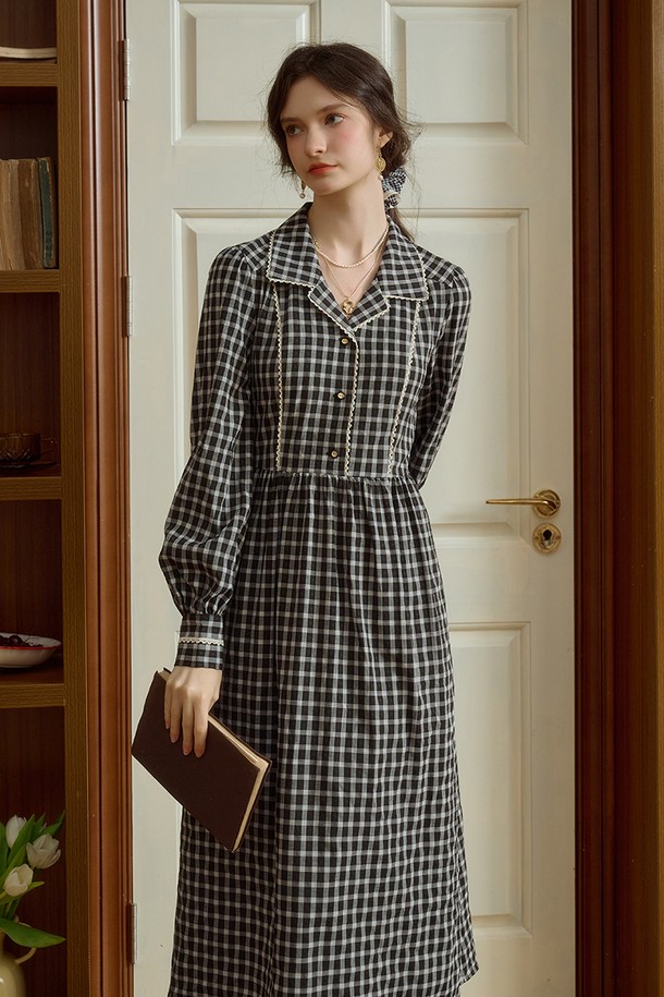 Simple Retro - 긴소매 원피스 - SR_A-line long sleeved plaid dress