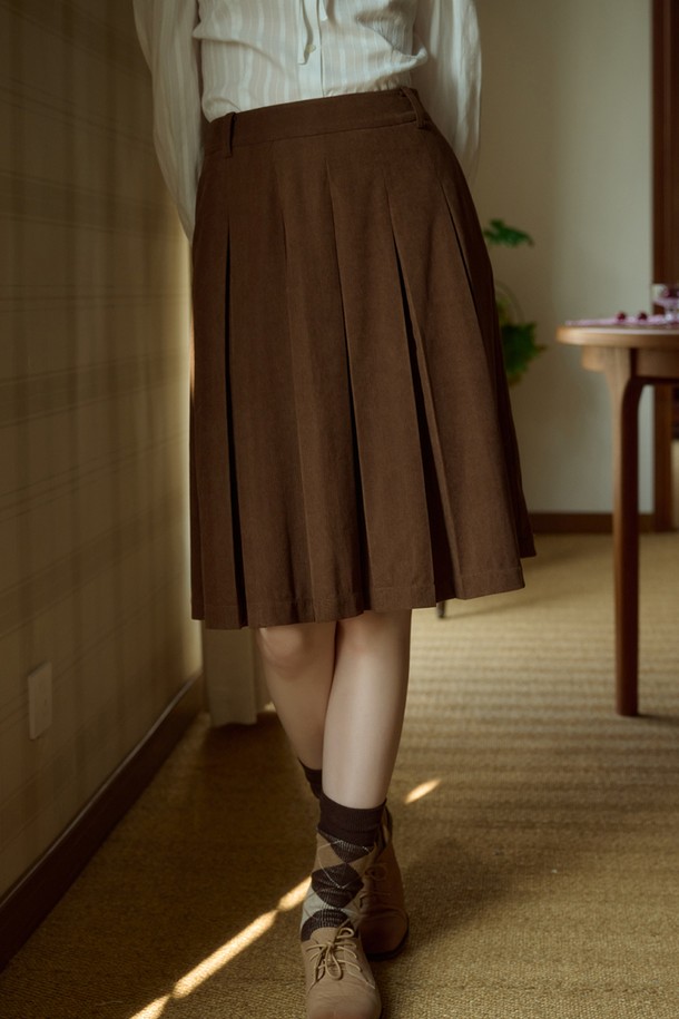 Simple Retro - 미디스커트 - SR_Corduroy pleated skirt_BROWN