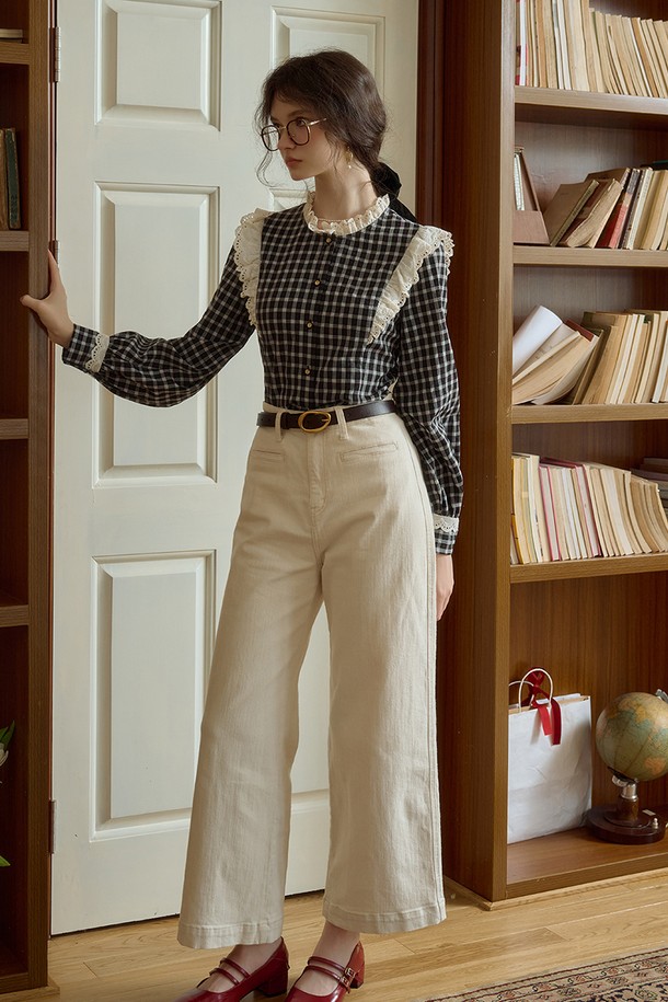 Simple Retro - 셔츠 - SR_Check long sleeve lace shirt