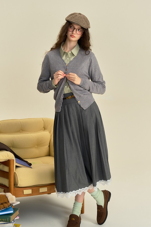Simple Retro - 가디건 - SR_V-neck knit gray cardigan