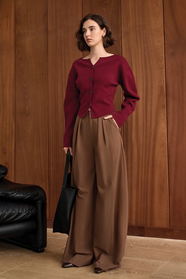 YYIAM - 가디건 - YY_Slit neck solid color cardigan_WINE