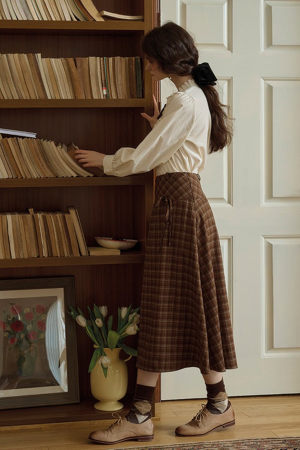 Simple Retro - 롱스커트 - SR_Vintage check ribbon skirt