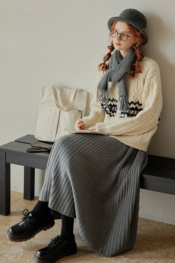 Proud Mary - 롱스커트 - PM_Ribbed wool skirt_GRAY