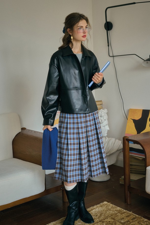 Simple Retro - 롱스커트 - SR_Plaid blue check a-line skirt