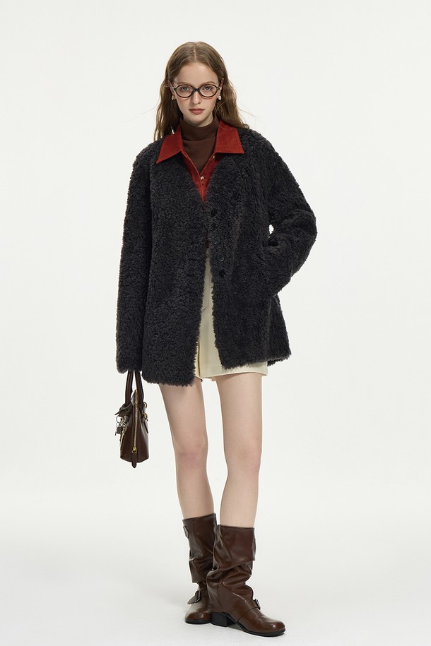 WE'DEE - 자켓 - WD_Loose V-neck fur jacket_BLACK