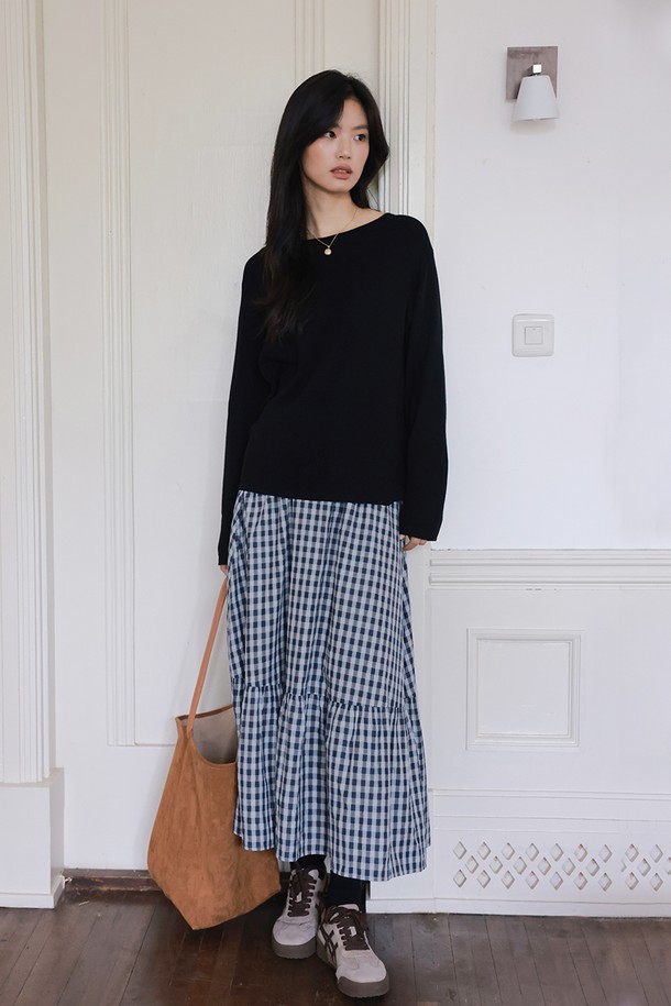 LANGSON - 롱스커트 - LS_A-line blue plaid flared skirt