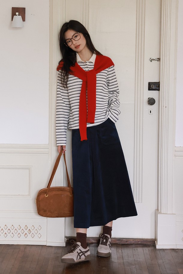 LANGSON - 롱스커트 - LS_Corduroy a-line navy skirt