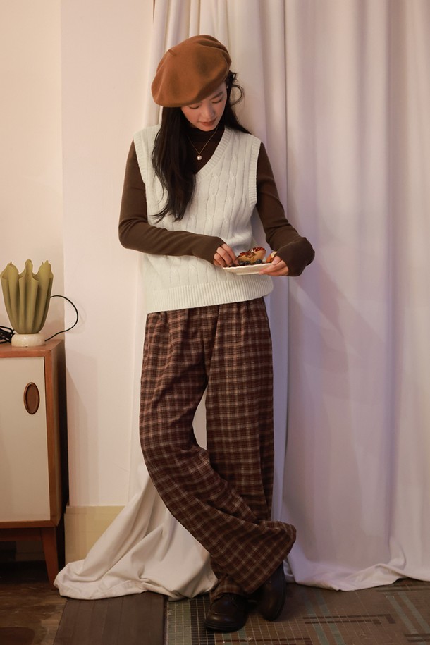 LANGSON - 롱/미디팬츠 - LS_Plaid wide-leg banding pants