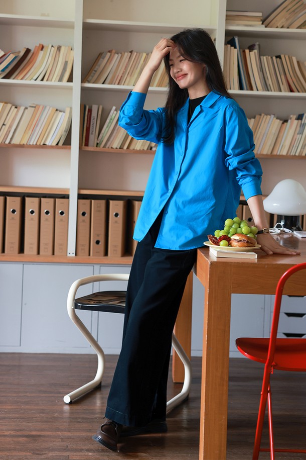 LANGSON - 셔츠 - LS_Literary solid color blue shirt