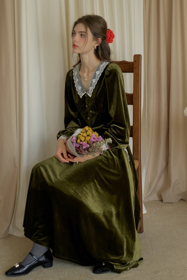 Simple Retro - 롱스커트 - SR_Vintage velvet green long skirt