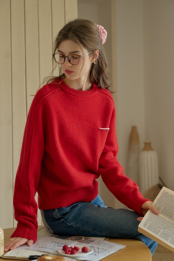 Simple Retro - 스웨터 - SR_Pocket round neck sweater_RED