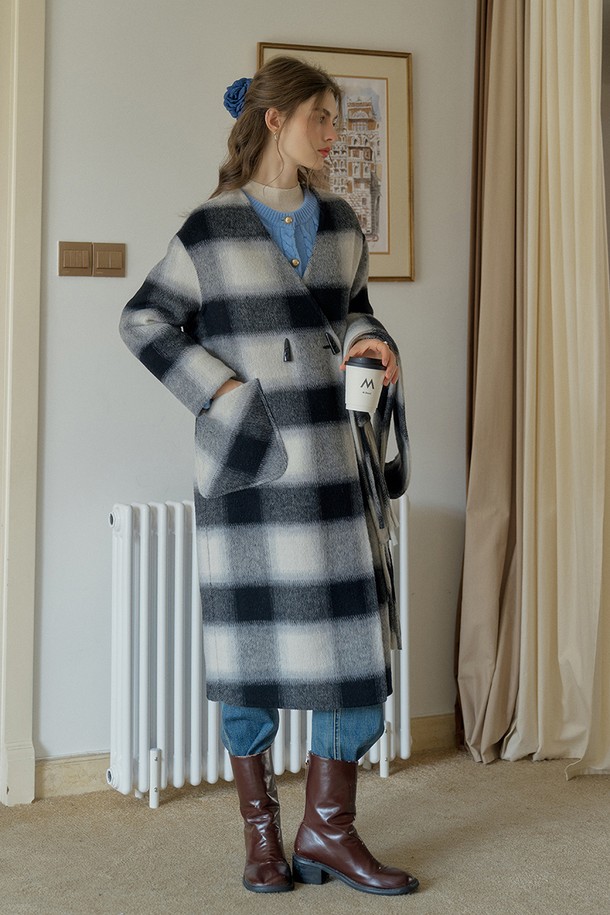 Simple Retro - 코트 - SR_Contrasting checked wool coat