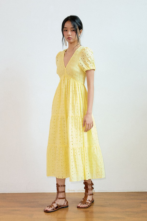 itte - 반소매 원피스 - IT_V-neck cut out dress_YELLOW